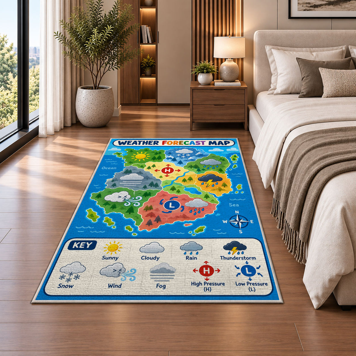Weather world map rug beside a sofa and fireplace