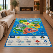 Weather world map rug in a seating area with a sofa and fireplace