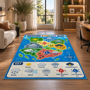 Weather world map rug near an armchair, window and shelves