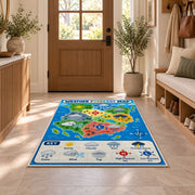 Weather world map rug in a bright entryway beside a cabinet and armchair