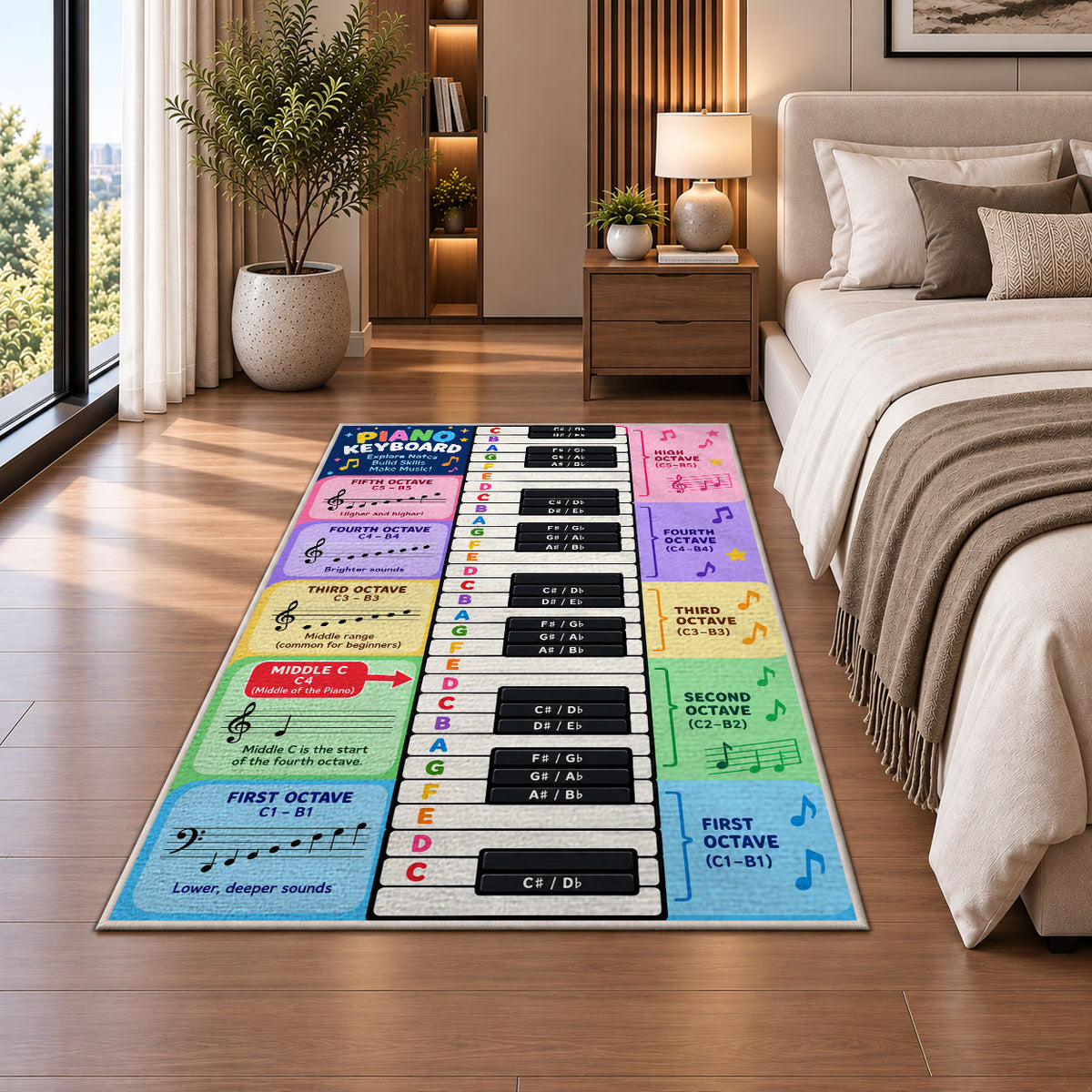 Piano music theory rug beside a sofa and fireplace