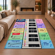 Piano music theory rug in a seating area with a sofa and fireplace