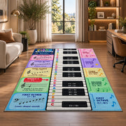 Piano music theory rug near an armchair, window and shelves