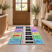 Piano music theory rug in a bright entryway beside a cabinet and armchair