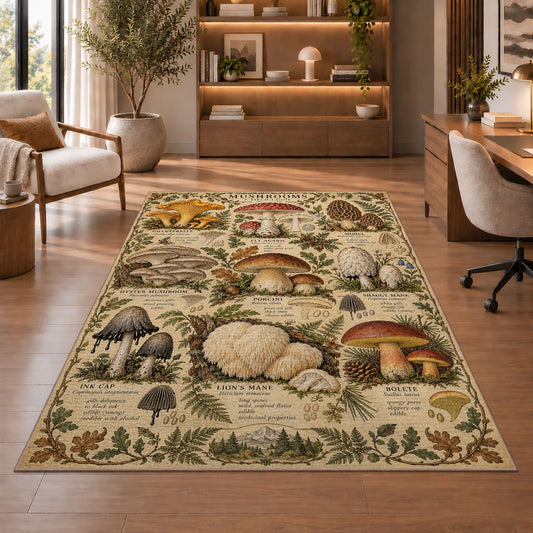 Mushroom field guide rug in a living room with a chair, shelves and sofa