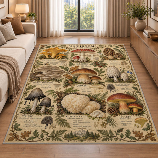 Mushroom field guide rug beside a cream sofa and large windows