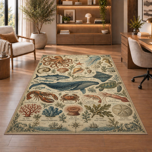 Vintage ocean creature rug in a living room with a chair, shelves and sofa