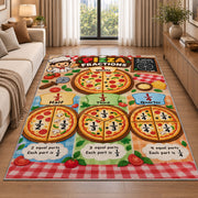 Pizza slice fractions rug beside a cream sofa and large windows