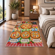 Pizza slice fractions rug beside a sofa and fireplace