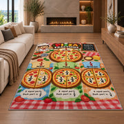 Pizza slice fractions rug in a seating area with a sofa and fireplace