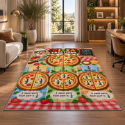 Pizza slice fractions rug near an armchair, window and shelves