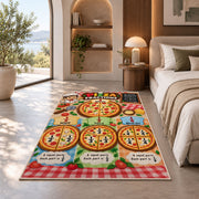 Pizza slice fractions rug in a sunny room with an indoor plant and sofa
