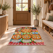 Pizza slice fractions rug in a bright entryway beside a cabinet and armchair