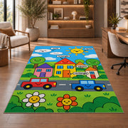 Happy town road rug in a living room with a chair, shelves and sofa