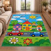 Happy town road rug beside a cream sofa and large windows