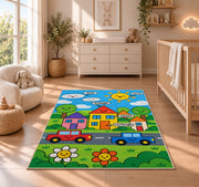 Happy town road rug in a nursery beside a dresser and crib