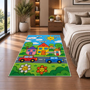 Happy town road rug beside a sofa and fireplace