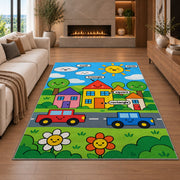 Happy town road rug in a seating area with a sofa and fireplace