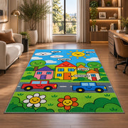 Happy town road rug near an armchair, window and shelves