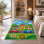 Happy town road rug in a sunny room with an indoor plant and sofa