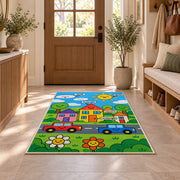 Happy town road rug in a bright entryway beside a cabinet and armchair