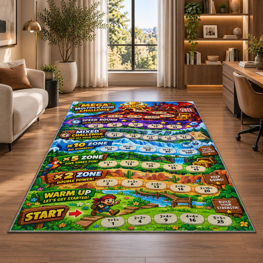 Jungle multiplication trail rug near an armchair, window and shelves
