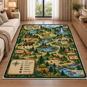 Forest adventure map rug beside a cream sofa and large windows