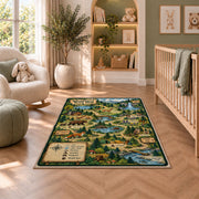 Forest adventure map rug in a bright room with a reading chair and storage cabinet