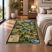 Forest adventure map rug beside a sofa and fireplace