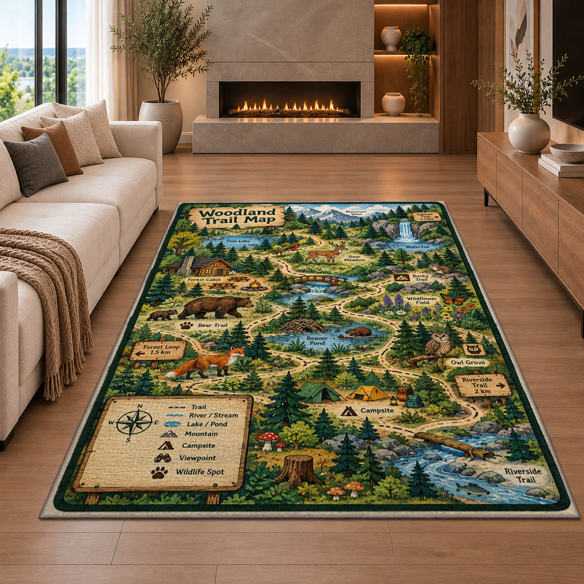 Forest adventure map rug in a seating area with a sofa and fireplace