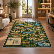Forest adventure map rug near an armchair, window and shelves