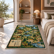 Forest adventure map rug in a sunny room with an indoor plant and sofa