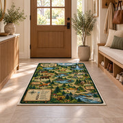 Forest adventure map rug in a bright entryway beside a cabinet and armchair