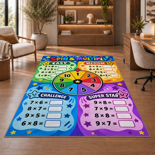 Spin and Multiply Math Rug shown beside a lounge chair and wooden shelving