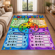 Spin and Multiply Math Rug shown beside a sofa in a bright living room