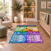 Spin and Multiply Math Rug shown in a nursery with a cot and soft toys