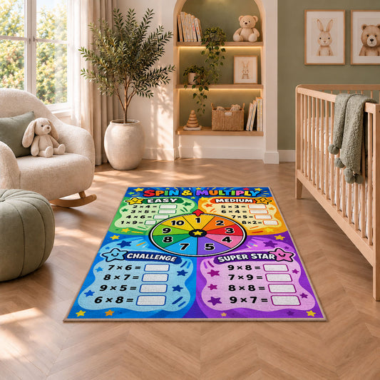 Spin and Multiply Math Rug shown in a nursery with a cot and soft toys