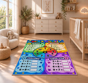 Spin and Multiply Math Rug shown in a sunlit nursery beside a white cot