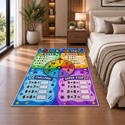 Spin and Multiply Math Rug shown beside a bed with neutral bedding