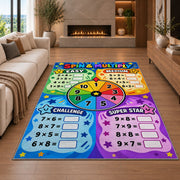 Spin and Multiply Math Rug shown in a living room with a fireplace