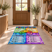 Spin and Multiply Math Rug shown in an entryway near a wooden door