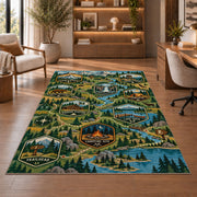 Woodland Camping Trail Map Rug shown beside a lounge chair and wooden shelving