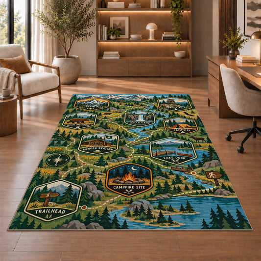 Woodland Camping Trail Map Rug shown beside a lounge chair and wooden shelving