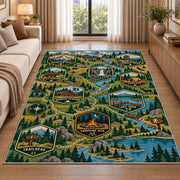 Woodland Camping Trail Map Rug shown beside a sofa in a bright living room