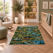 Woodland Camping Trail Map Rug shown in a nursery with a cot and soft toys