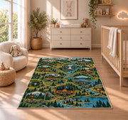 Woodland Camping Trail Map Rug shown in a sunlit nursery beside a white cot