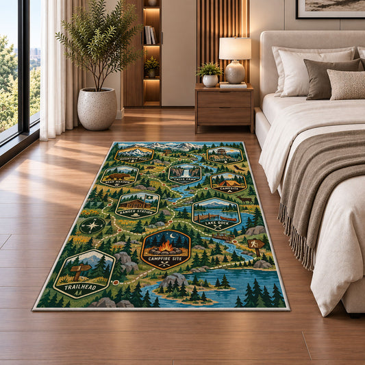 Woodland Camping Trail Map Rug shown beside a bed with neutral bedding