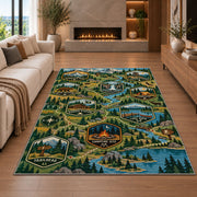 Woodland Camping Trail Map Rug shown in a living room with a fireplace