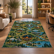 Woodland Camping Trail Map Rug shown near large windows and a sofa