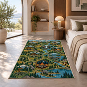 Woodland Camping Trail Map Rug shown in a bedroom by a garden window